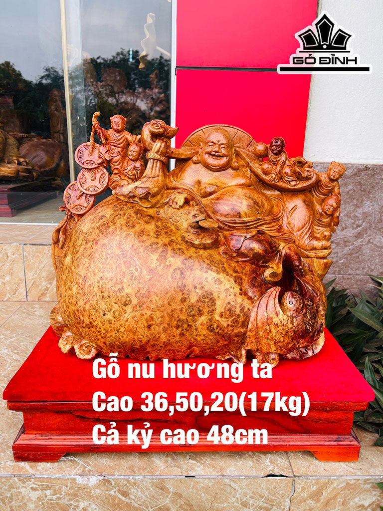 Tượng Phật Di Lặc Gỗ Nu Hương Cao 36 Ngang 50 Sâu 20 (cm)