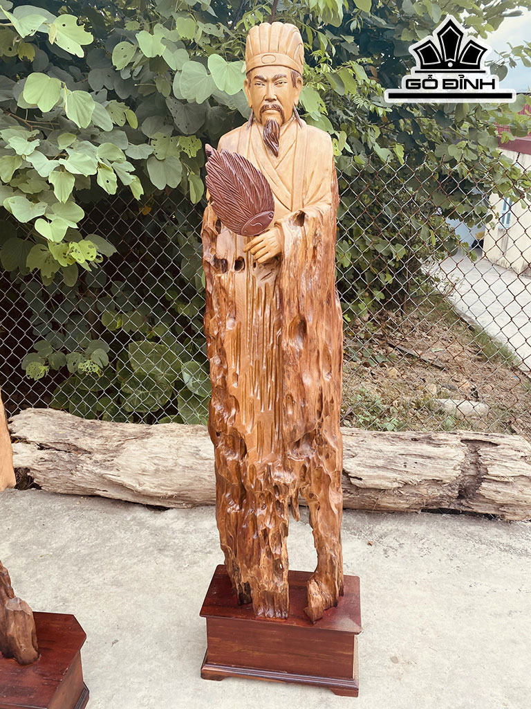 Tượng Gia Cát Lượng Gỗ Lũa Dổi Cao 162 Ngang 43 Sâu 20 (cm)