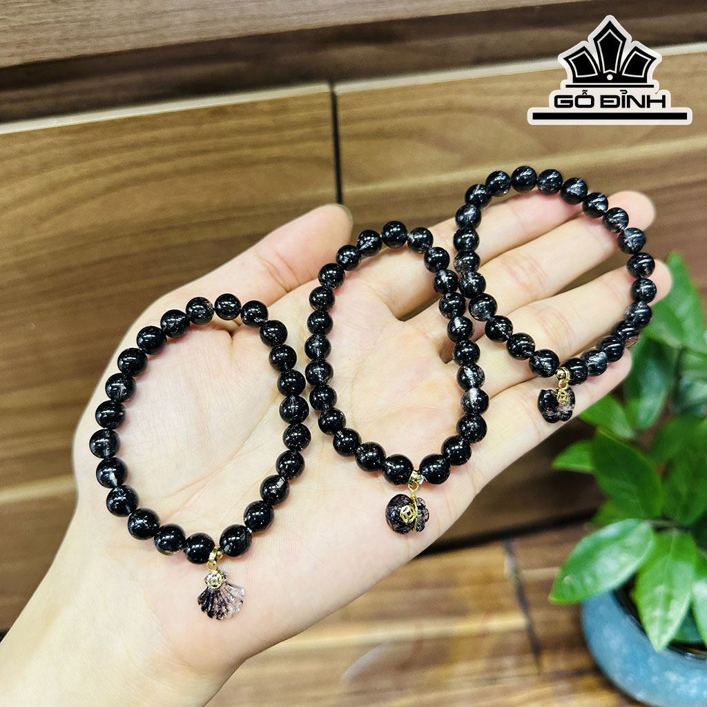 Vòng Tay Túi Tiền Đá Thạch Anh Tóc Đen Đường Kính Hạt 7,7 (mm)