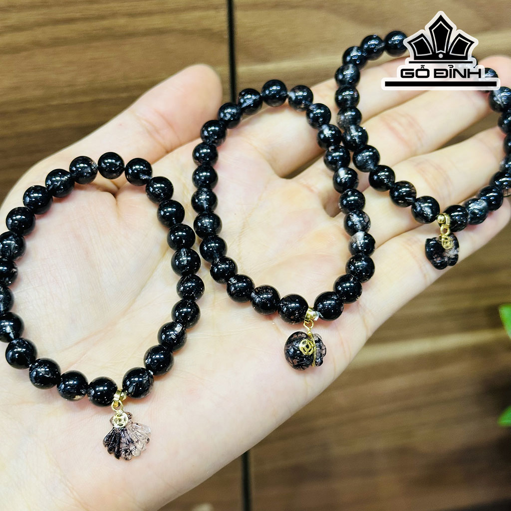 Vòng Tay Túi Tiền Đá Thạch Anh Tóc Đen Đường Kính Hạt 7,7 (mm)