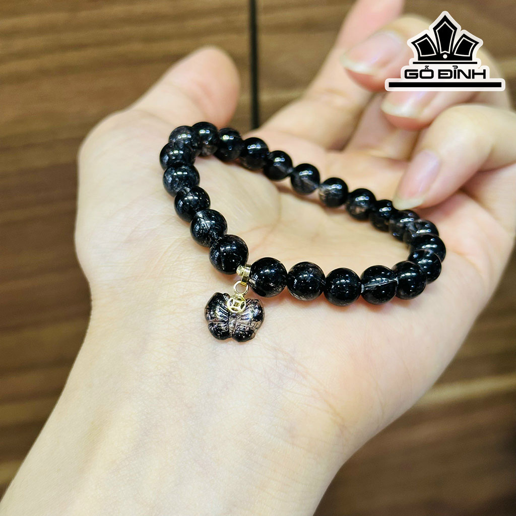 Vòng Tay Túi Tiền Đá Thạch Anh Tóc Đen Đường Kính Hạt 7,7 (mm)