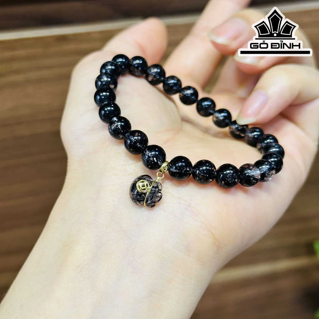 Vòng Tay Túi Tiền Đá Thạch Anh Tóc Đen Đường Kính Hạt 7,7 (mm)