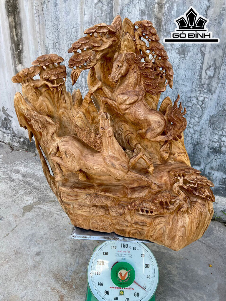 Tượng Song Mã Uyên Ương Gỗ Ngọc Am Cao 82 Ngang 73 Sâu 35 (cm)
