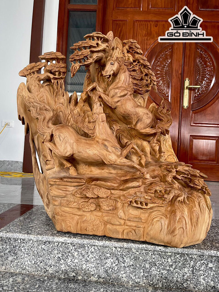 Tượng Song Mã Uyên Ương Gỗ Ngọc Am Cao 82 Ngang 73 Sâu 35 (cm)