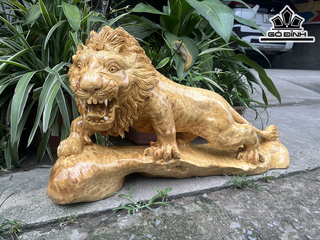 Tượng Sư Tử Gỗ Nu Kháo Ngang 70 Cao 35 Sâu 20 (cm)