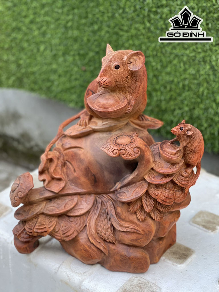 Tượng Chuột Phong Thủy Gỗ Hương Cao 38 Ngang 35 Sâu 30 (cm)