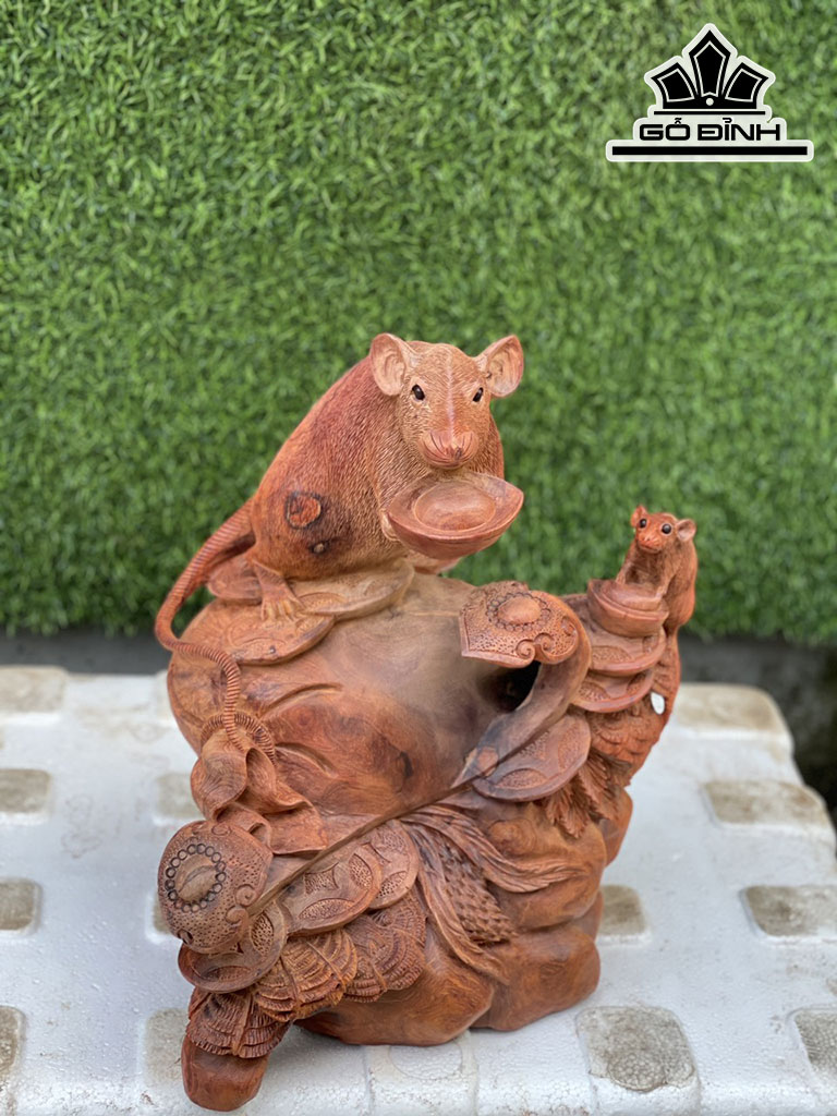 Tượng Chuột Phong Thủy Gỗ Hương Cao 38 Ngang 35 Sâu 30 (cm)