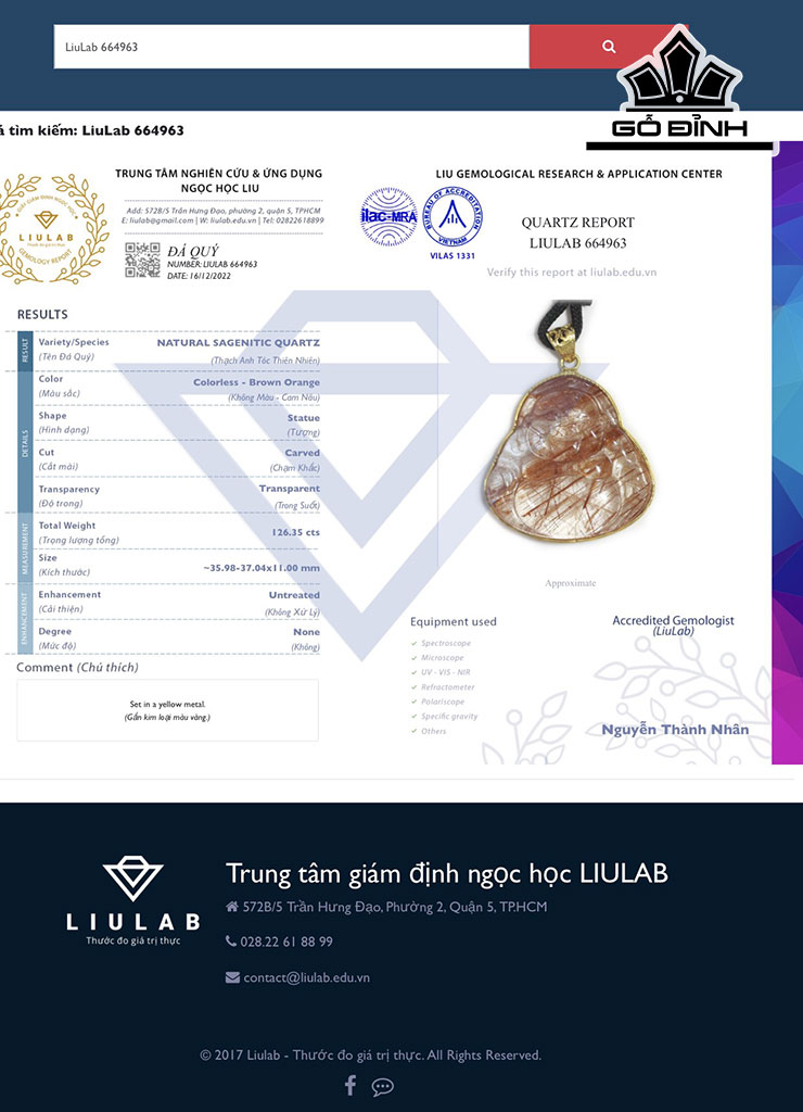 Mặt Dây Chuyền Đá Thạch Anh Tóc Nâu Cao 35,98 Ngang 37,04 Sâu 11 (mm) 126,35cts