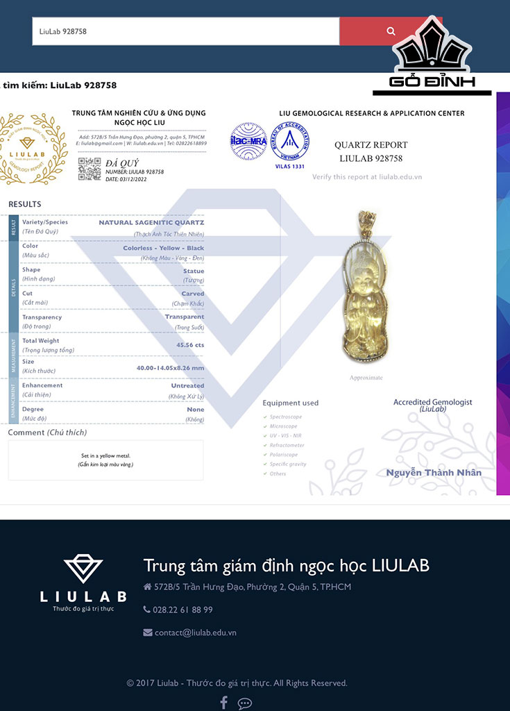 Mặt Dây Chuyền Quan Âm Đá Thạch Anh Tóc Vàng Cao 40 Ngang 14,05 Sâu 8,26 (mm) 45,56cts