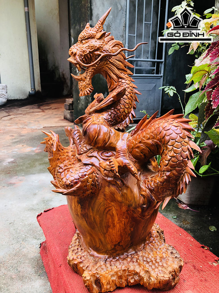 Tượng Nhất Long Chấn Chum Phú Quý Gỗ Hương Cao 60 Ngang 38 Sâu 30 (cm)