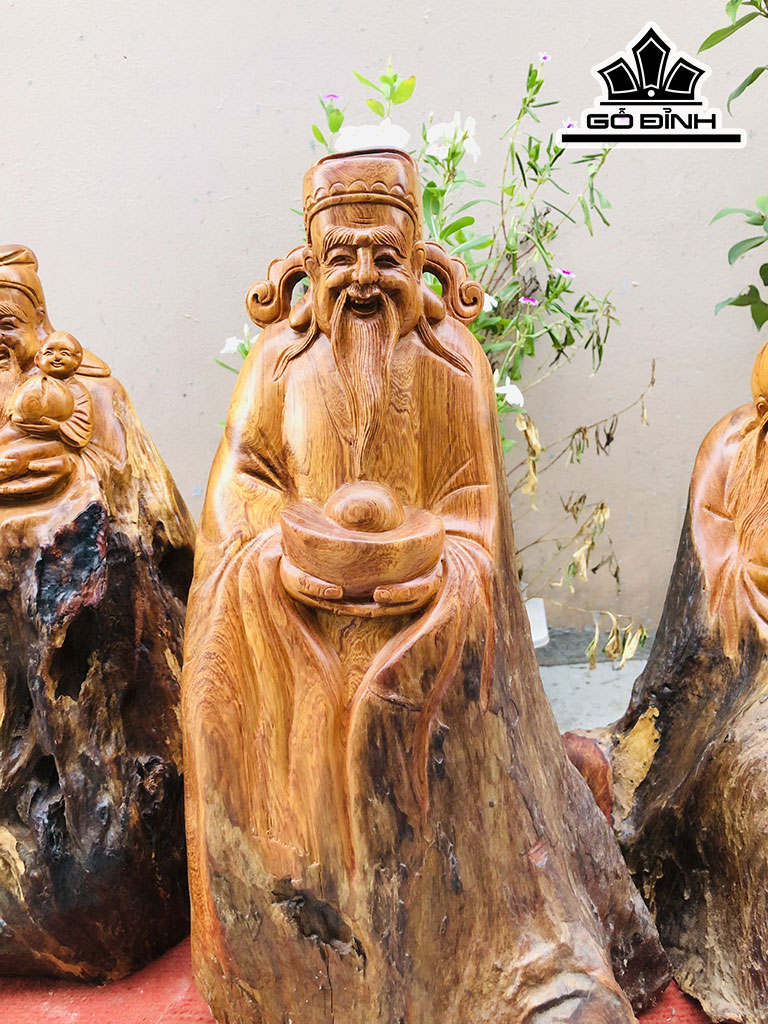 Tượng Phúc Lộc Thọ (Tam Đa) Gỗ Hương Cao 50 Ngang 25 Sâu 18 (cm)