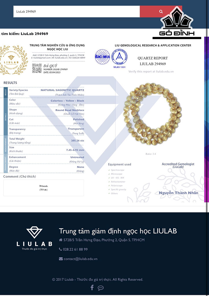 Chuỗi Đá Thạch Anh Tóc Vàng Đường Kính Hạt 7,45-6,93 (mm) 205.26cts
