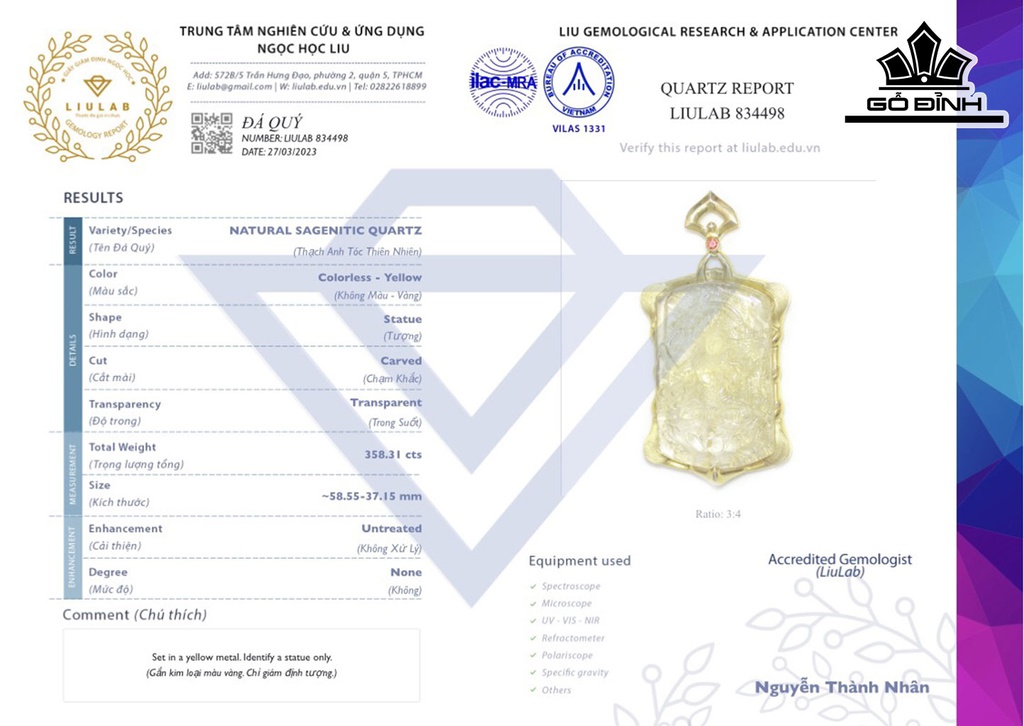Mặt Dây Chuyền Quan Âm Đá Thạch Anh Tóc Vàng Cao 58,55 Ngang 37,15 (mm) 358,31cts