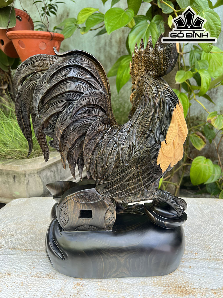 Tượng Gà Trống Gỗ Mun Hoa Cao 36 Ngang 25 Sâu 13 (cm)