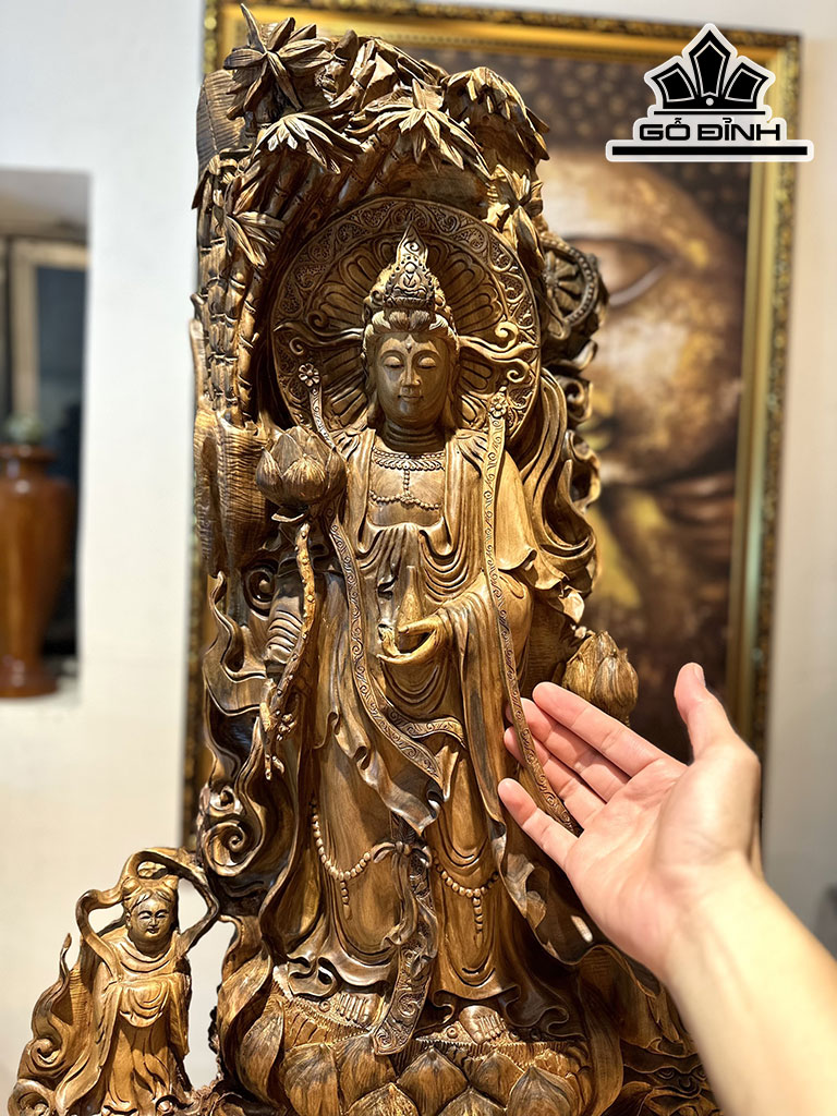 Tượng Nhất Tâm Bái Phật Gỗ Bách Xanh Cao 100 Ngang 47 Sâu 28 (cm)