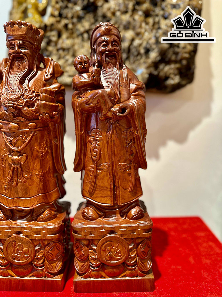 Tượng Phúc Lộc Thọ (Tam Đa) Gỗ Hương Cao 50 Ngang 15 Sâu 12 (cm)