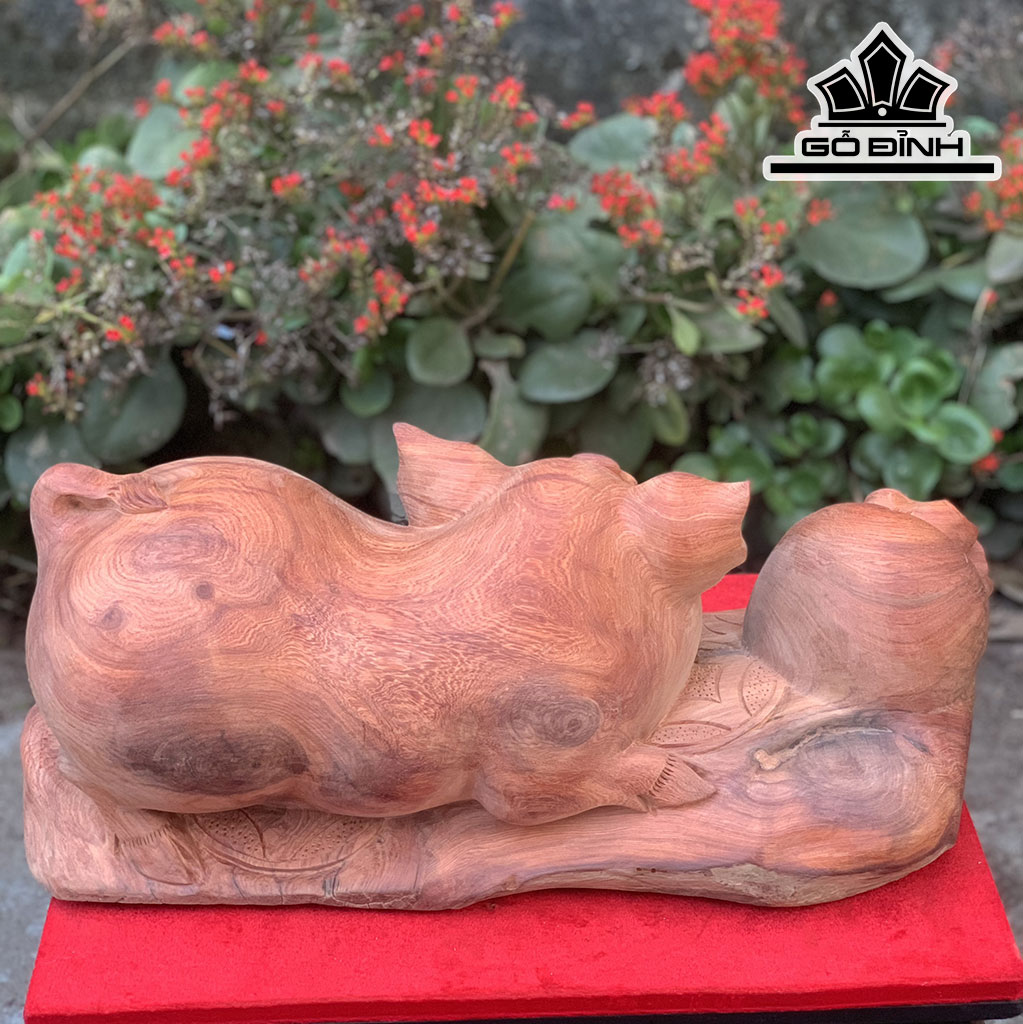 Tượng Heo Phong Thủy Gỗ Hương Cao 19 Ngang 48 Sâu 24 (cm)