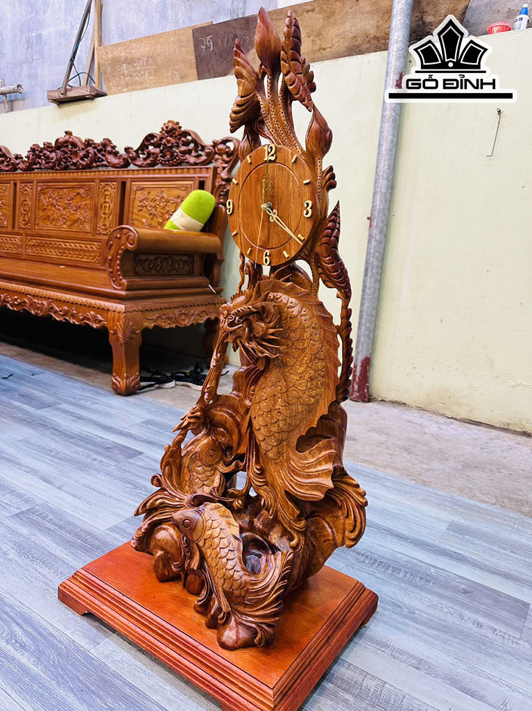Tượng Tam Ngư Hóa Rồng Gỗ Hương Cao 93 Ngang 45 Sâu 32 (cm)