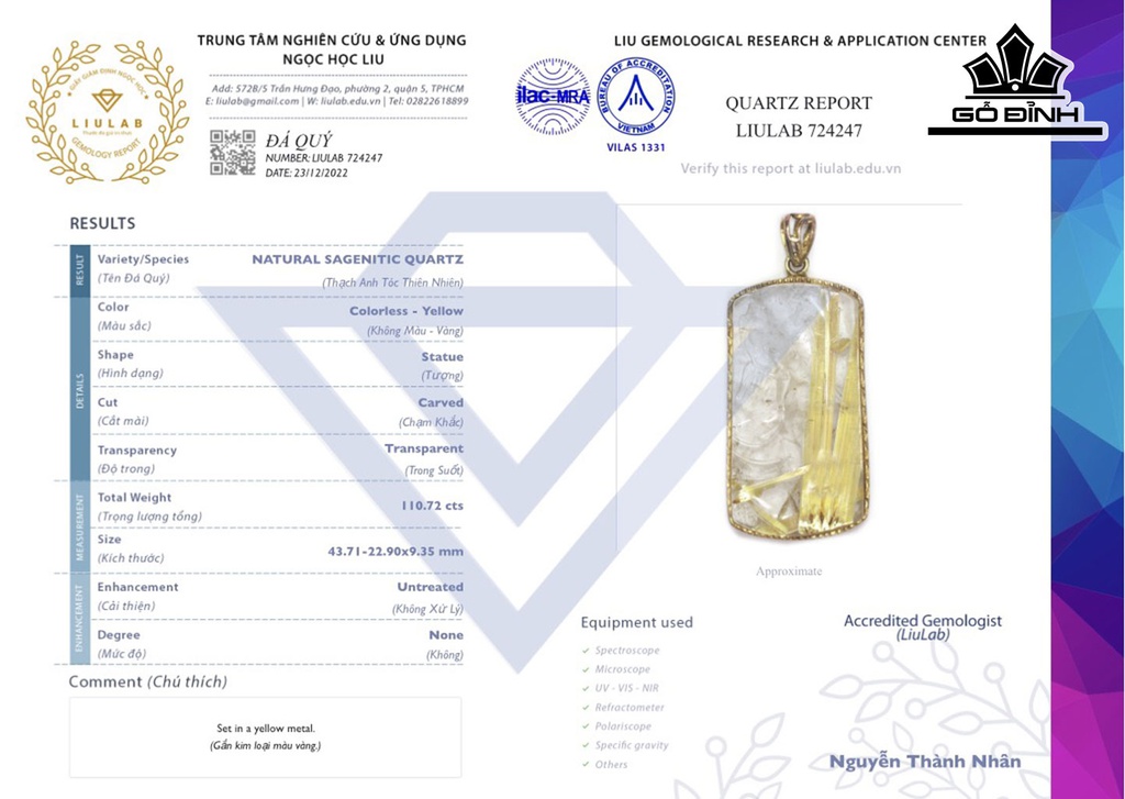 Mặt Dây Chuyền Quan Âm Đá Thạch Anh Tóc Vàng Cao 43,71 Ngang 22,9 Sâu 9,35 (mm) 110,72cts