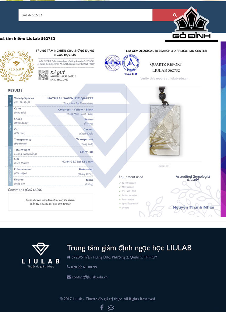 Mặt Dây Chuyền Quan Công Đá Thạch Anh Tóc Vàng Cao 62,84 Ngang 38,72 Sâu 13,5 (mm) 334,94cts
