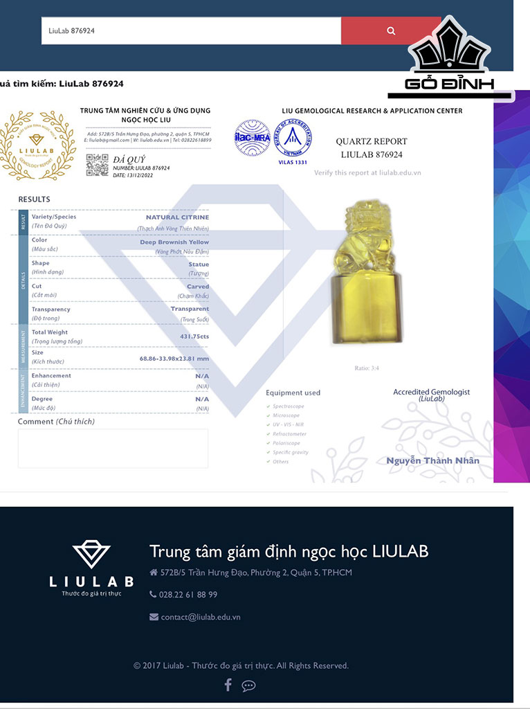 Tác Phẩm Ấn Kỳ Lân Đá Thạch Anh Vàng Cao 68,86 Ngang 33,98 Sâu 23,81 (mm) 431,75cts