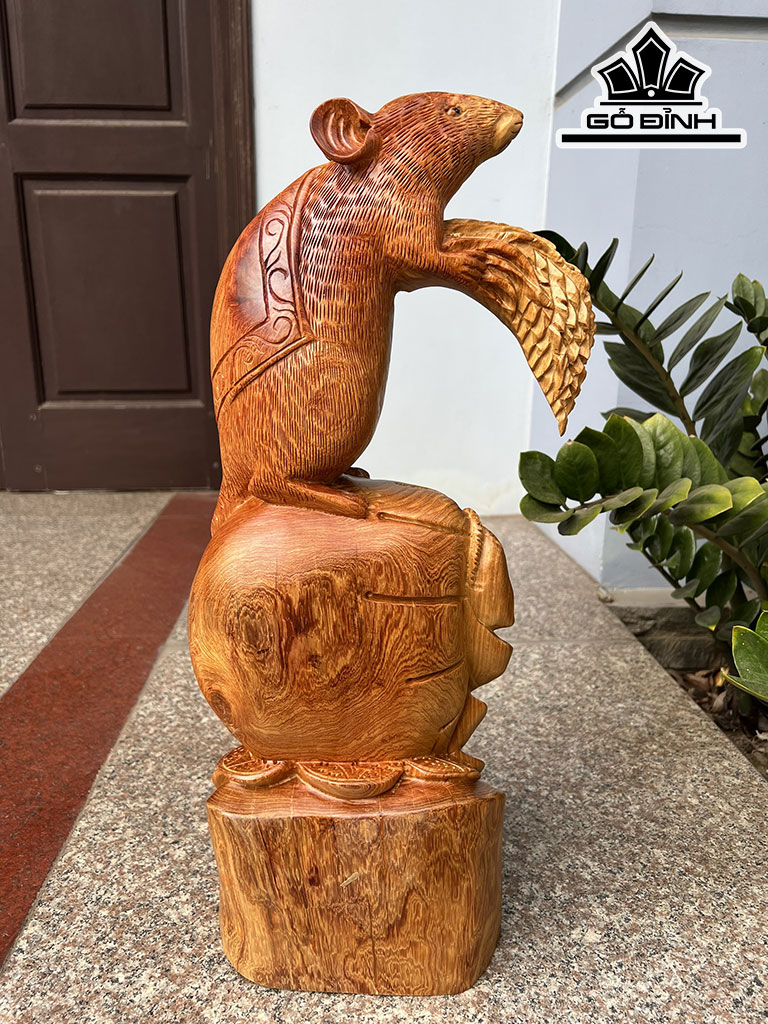 Tượng Chuột Phong Thủy Gỗ Hương Cao 54 Ngang 22 Sâu 18 (cm)
