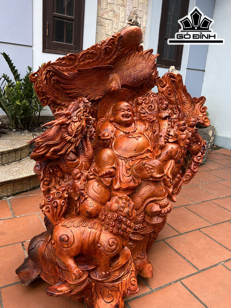 Tượng Di Lặc Tứ Linh Gỗ Hương Cao 124 Ngang 108 Sâu 75 (cm)