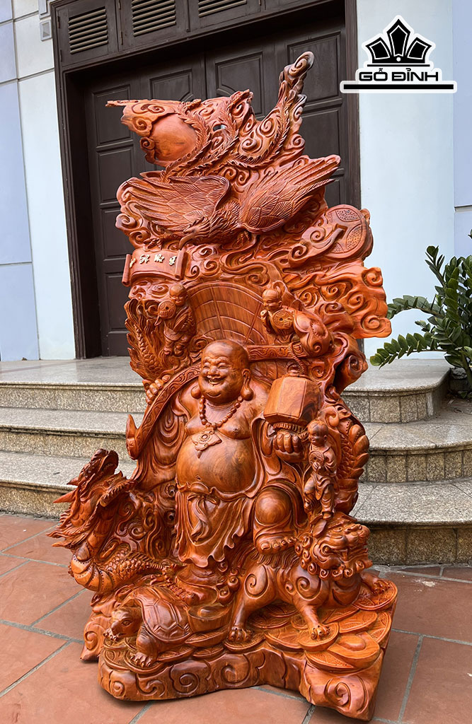 Tượng Di Lặc Tứ Linh Gỗ Hương Cao 140 Ngang 85 Sâu 40 (cm)