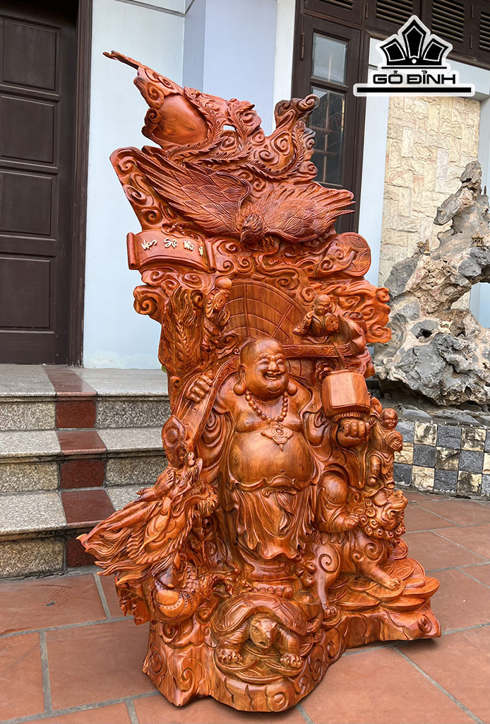 Tượng Di Lặc Tứ Linh Gỗ Hương Cao 140 Ngang 85 Sâu 40 (cm)
