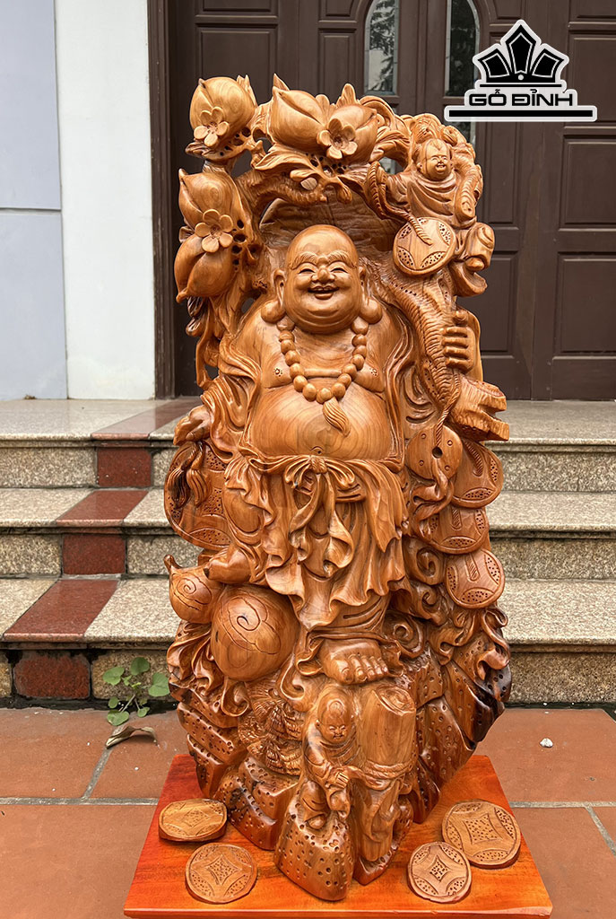 Tượng Phật Di Lặc Vác Cành Đào Gỗ Ngọc Am Cao 99 Ngang 40 Sâu 26 (cm)