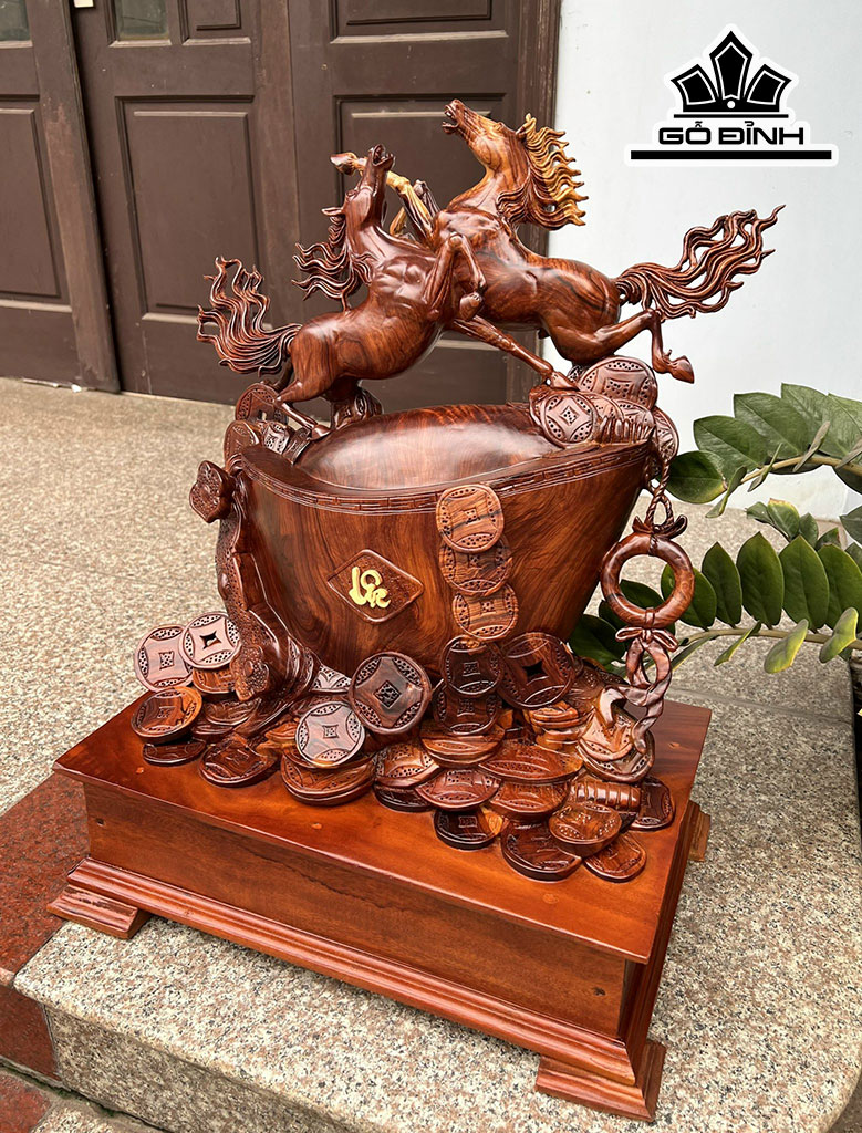 Tượng Song Mã Uyên Ương Gỗ Cẩm Cao 64 Ngang 48 Sâu 20 (cm)