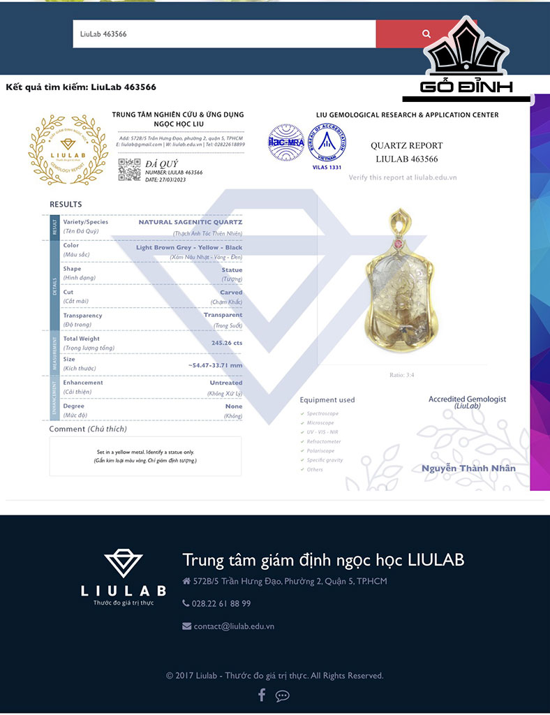 Mặt Dây Chuyền Đá Thạch Anh Tóc Vàng Cao 55,47 Ngang 33,71 (mm) 245,26cts