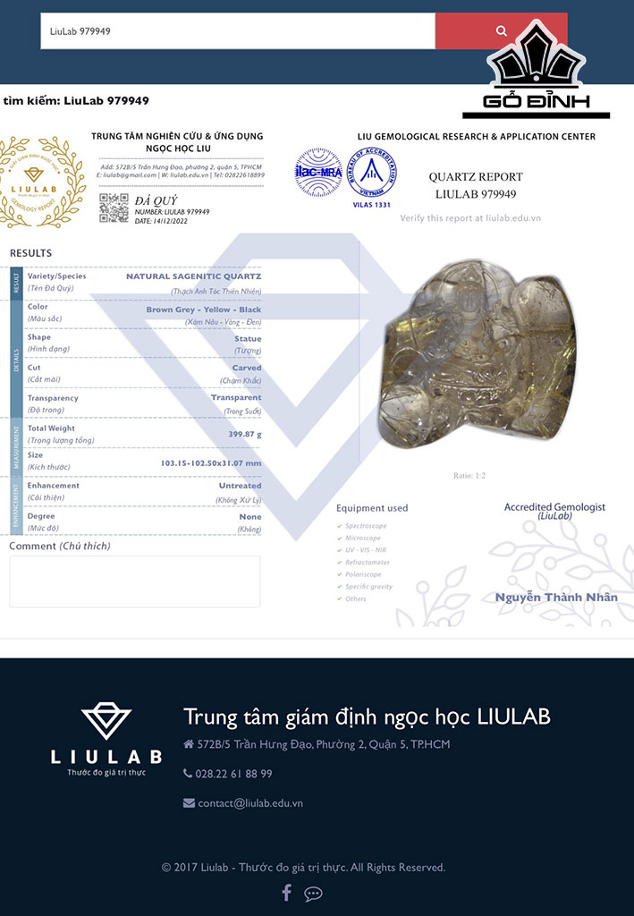 Tượng Phật Bà Quan Âm Đá Thạch Anh Tóc Vàng Cao 103,15 Ngang 102,5 Sâu 31,07 (mm) 399,87gr