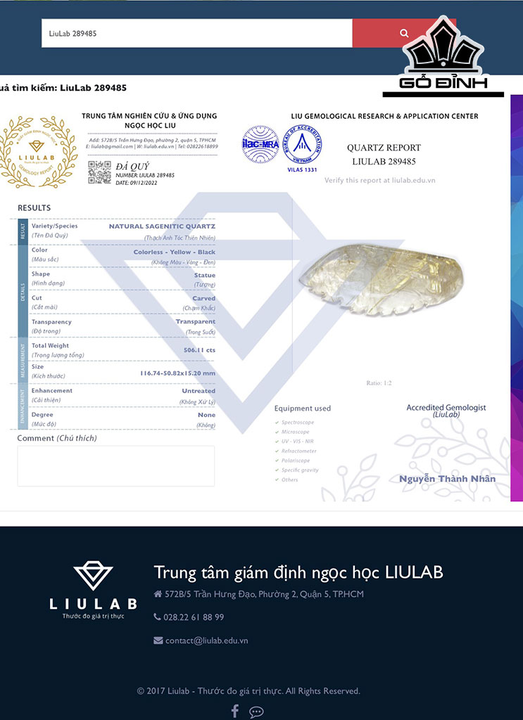Tượng Phật Bà Quan Âm Đá Thạch Anh Tóc Vàng Cao 116,74 Ngang 50,82 Sâu 15,2 (mm) 506,11cts