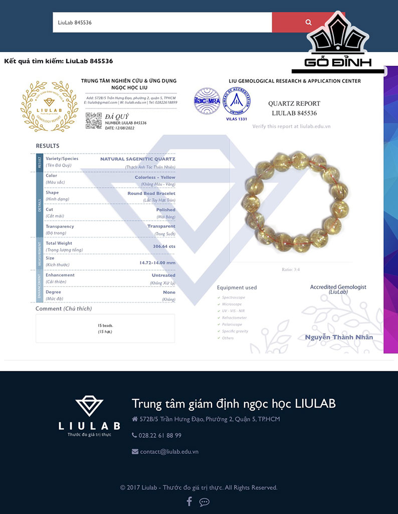 Vòng Tay Đá Thạch Anh Tóc Vàng Đường Kính Hạt 14,72-14,00 (mm) 306.64cts