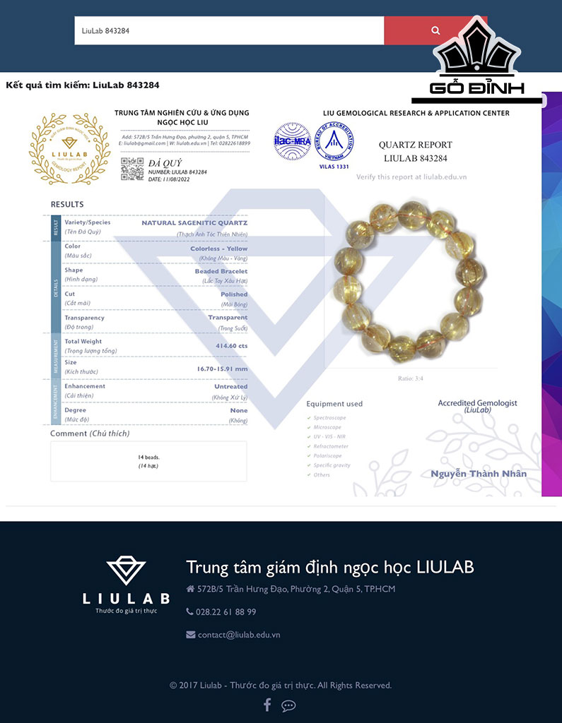 Vòng Tay Đá Thạch Anh Tóc Vàng Đường Kính Hạt 16,70-15,91 (mm) 414.60cts