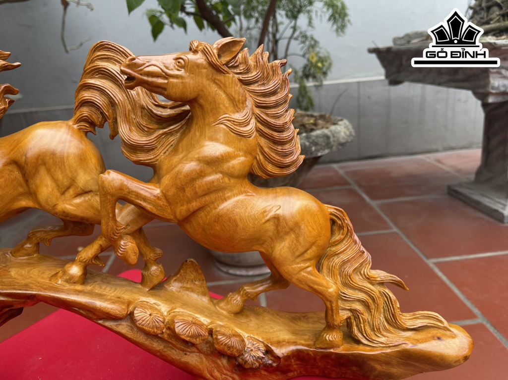 Tượng Song Mã Uyên Ương Gỗ Hương Cao 35 Ngang 57 Sâu 20 (cm)