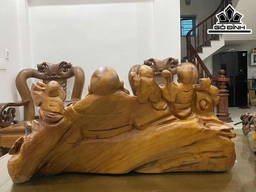 Tượng Phật Di Lặc Tam Phúc Gỗ Ngọc Am Cao 34 Ngang 68 Sâu 25 (cm)