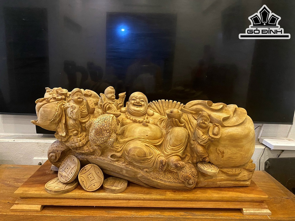 Tượng Phật Di Lặc Tam Phúc Gỗ Ngọc Am Cao 36 Ngang 85 Sâu 35 (cm)