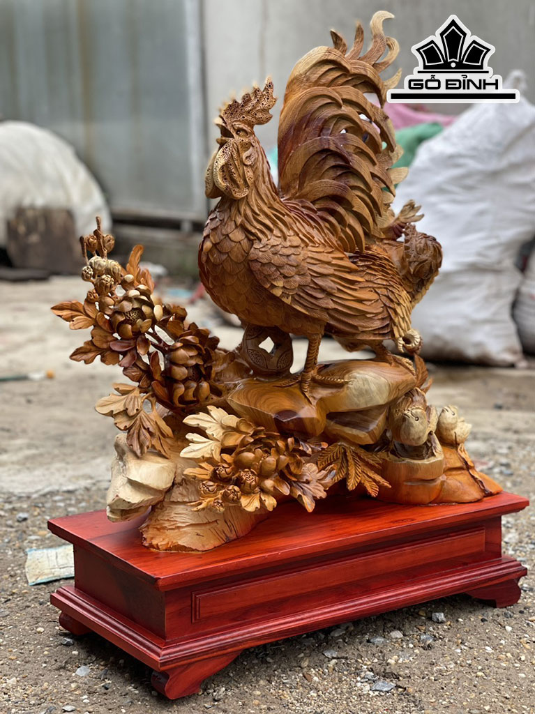 Tượng Gà Phong Thủy Gỗ Hương Cao 86 Ngang 65 Sâu 30 (cm)