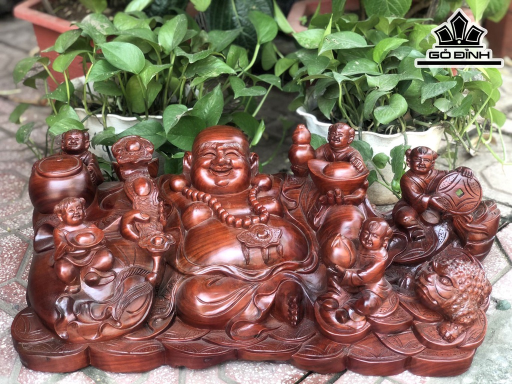 Tượng Phật Di Lặc Ngũ Phúc Gỗ Trắc Cao 20 Ngang 59 Sâu 29 (cm)