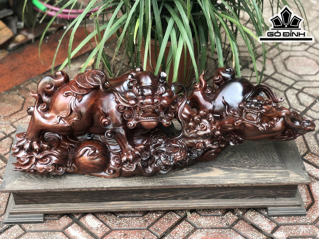 Tượng Song Nghê Gỗ Trắc Cao 26 Ngang 73 Sâu 23 (cm)