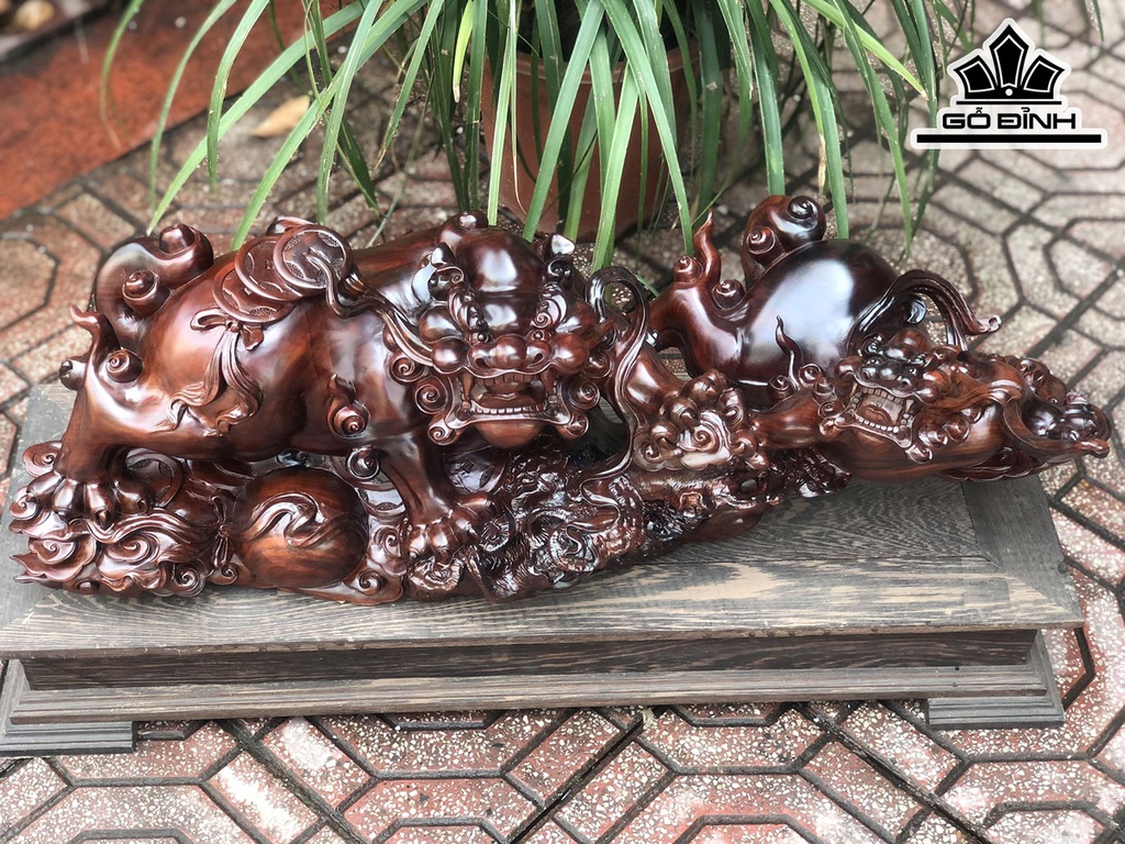 Tượng Song Nghê Gỗ Trắc Cao 26 Ngang 73 Sâu 23 (cm)