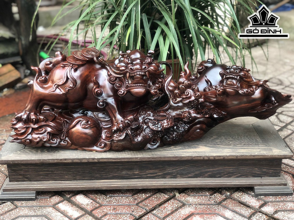 Tượng Song Nghê Gỗ Trắc Cao 26 Ngang 73 Sâu 23 (cm)