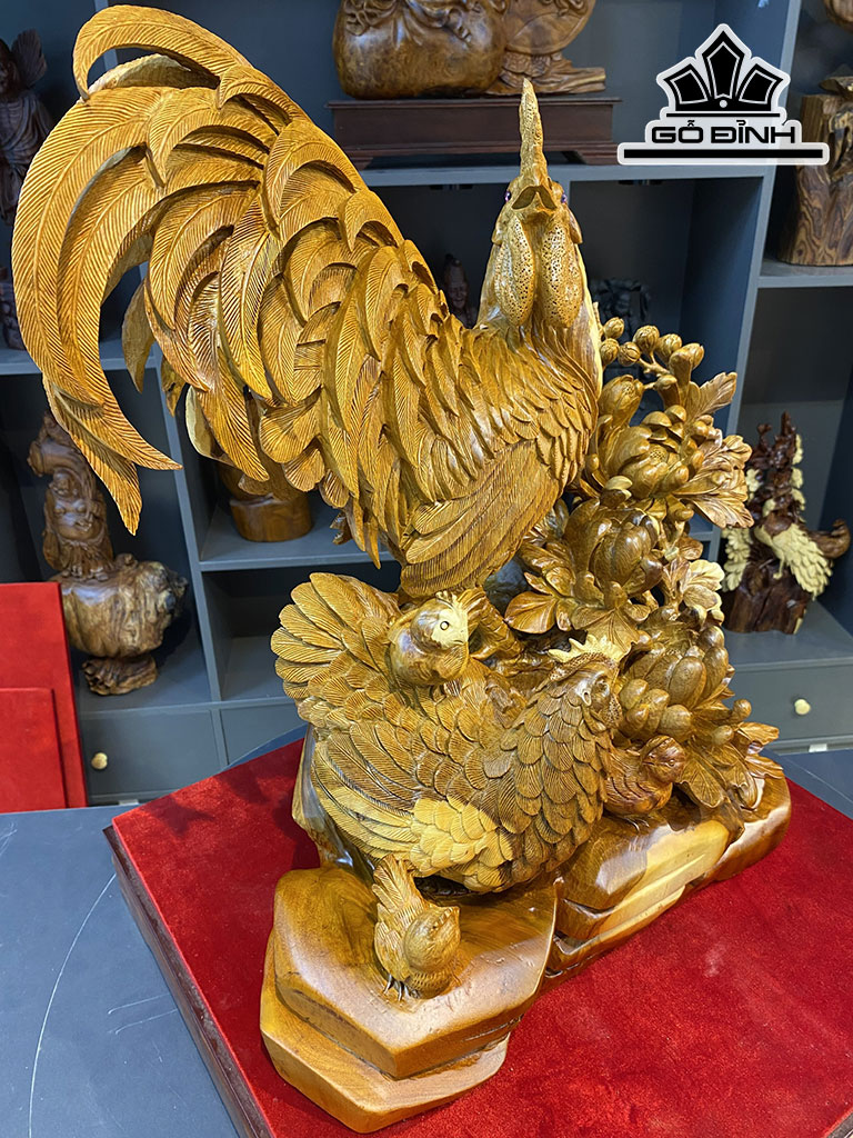 Tượng Gia Đình Gà Gỗ Hương Cao 55 Ngang 55 Sâu 30 (cm)