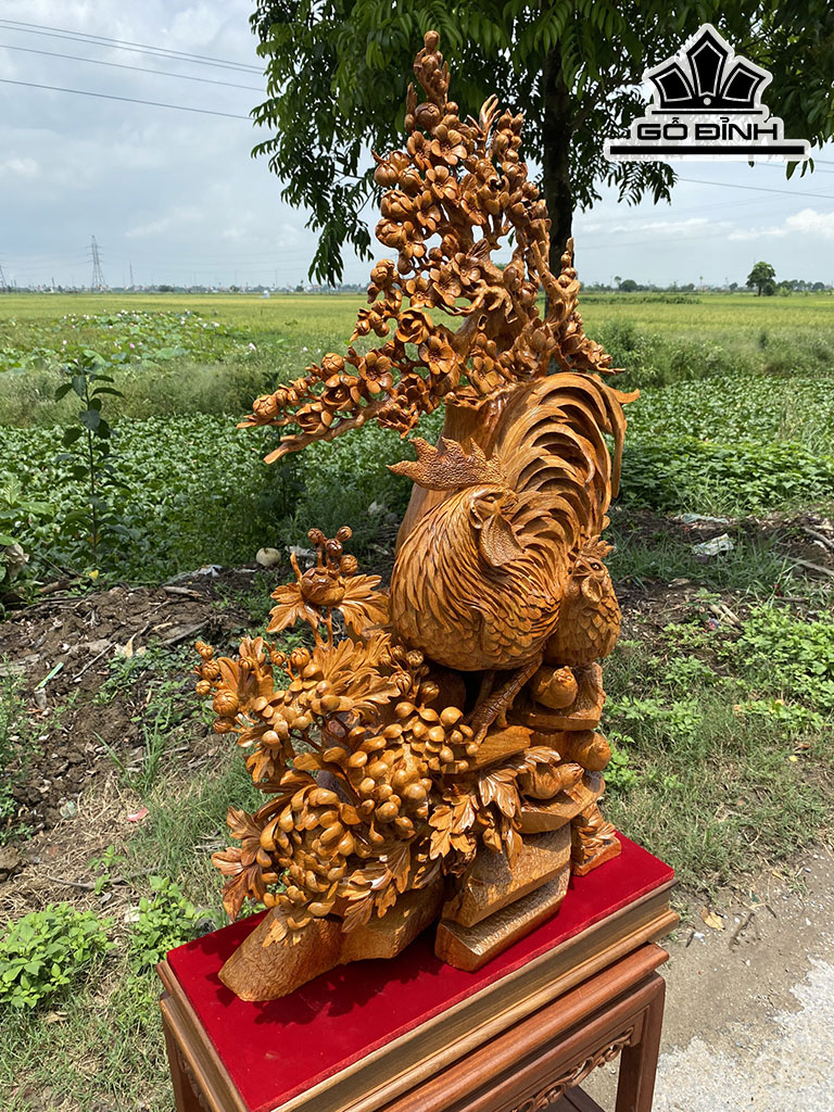 Tượng Gia Đình Gà Gỗ Hương Cao 107 Ngang 65 Sâu 25 (cm)