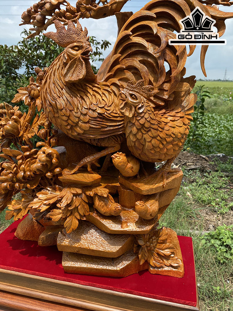 Tượng Gia Đình Gà Gỗ Hương Cao 107 Ngang 65 Sâu 25 (cm)