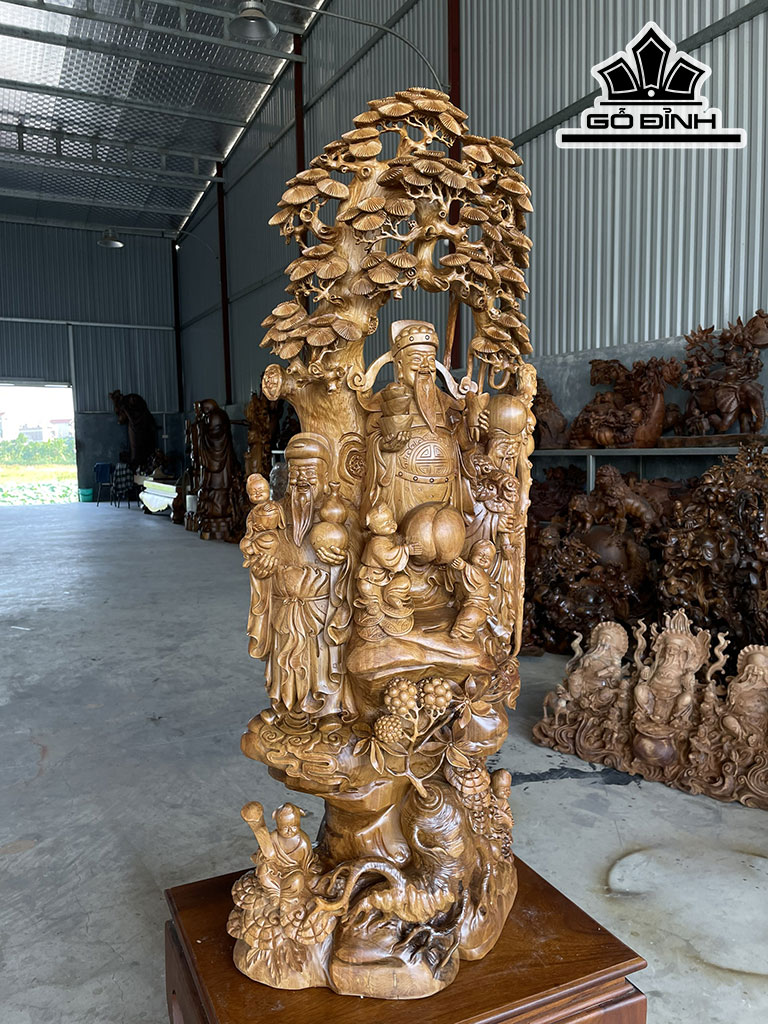 Tượng Phúc Lộc Thọ (Tam Đa) Gỗ Bách Xanh Cao 115 Ngang 46 Sâu 28 (cm)