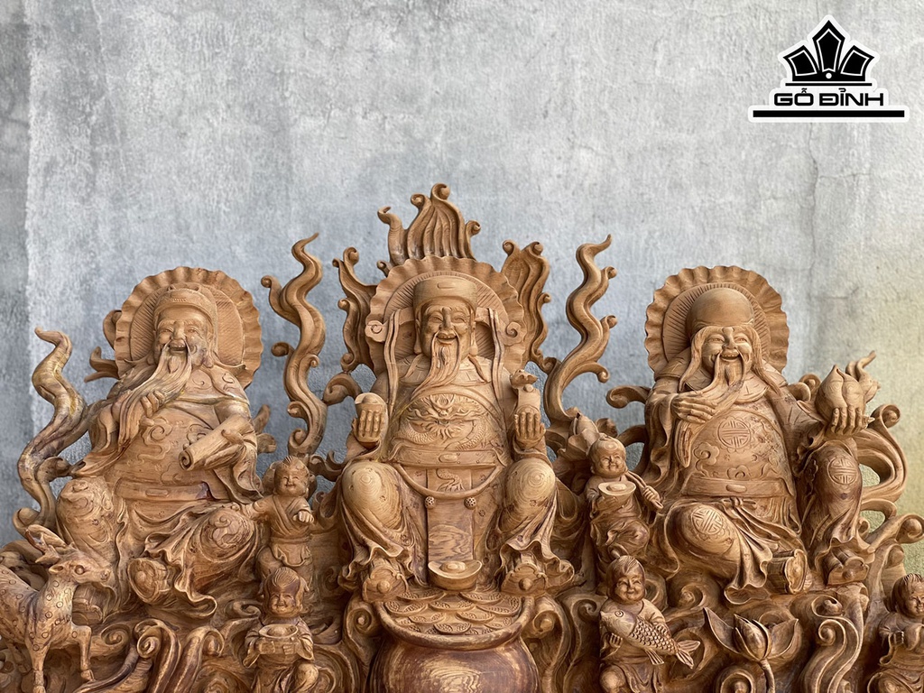 Tượng Phúc Lộc Thọ (Tam Đa) Gỗ Ngọc Am Cao 52 Ngang 88 Sâu 36 (cm)