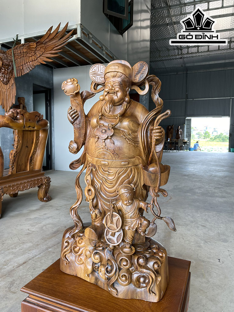 Tượng Thần Tài Gỗ Bách Xanh Cao 85 Ngang 46 Sâu 26 (cm)